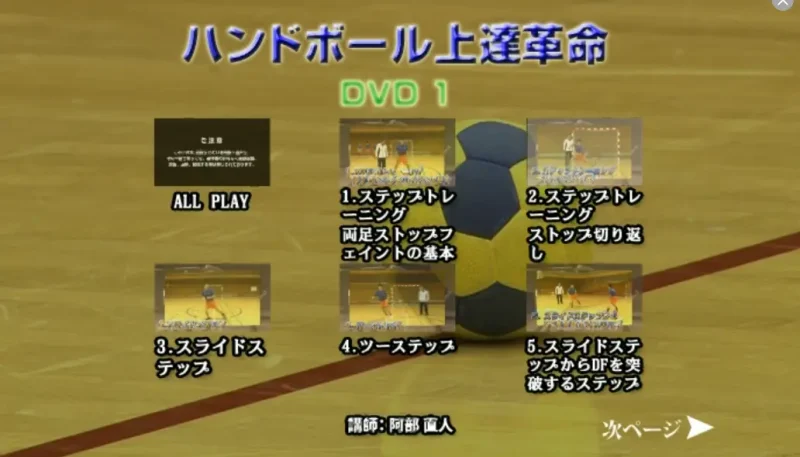 「ハンドボール上達革命」のDVDの再生されたメインメニュー画面のスクリーンショット。